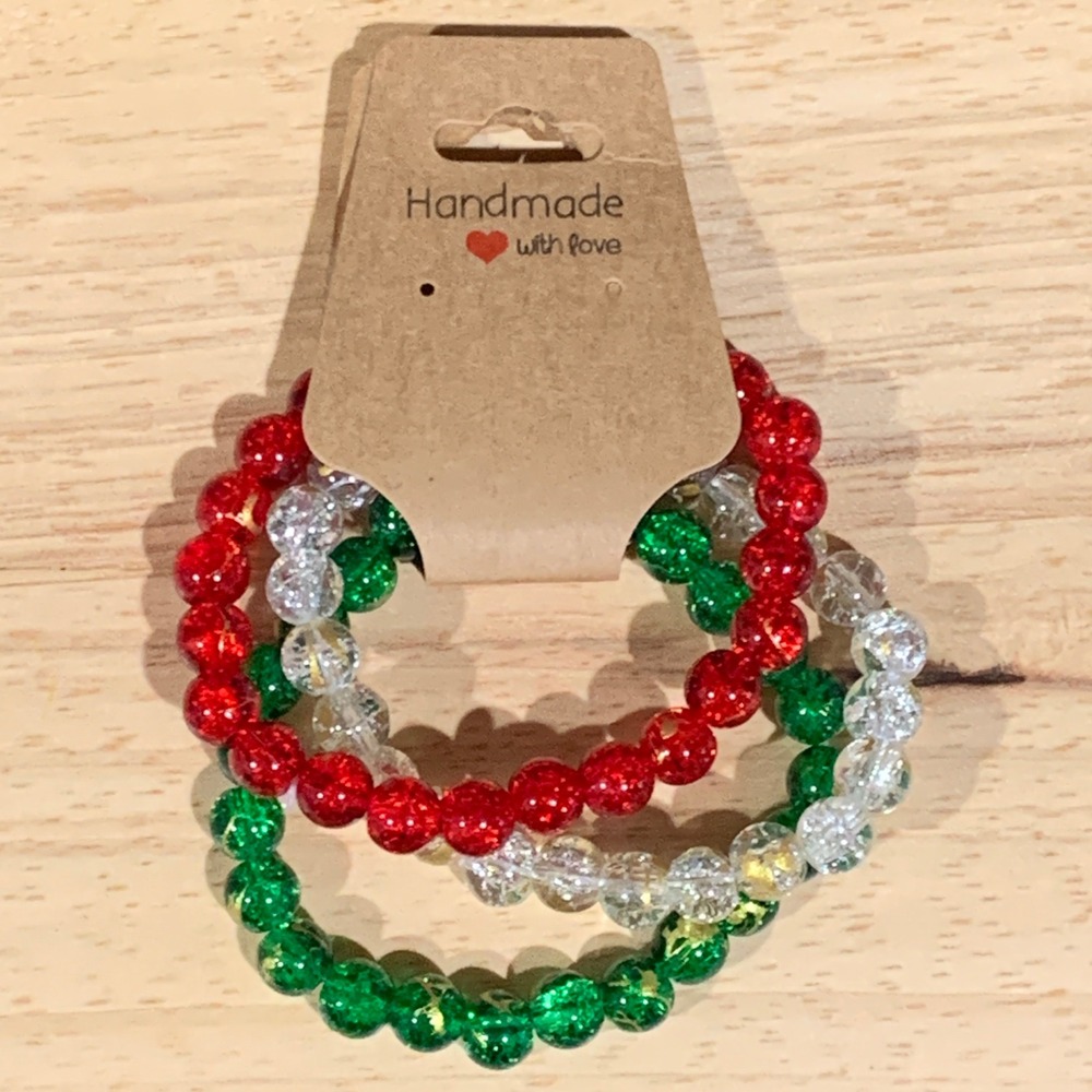 Handmade Beaded Bracelet Women Christmas Red Green Clear Gold Foil Holiday Set